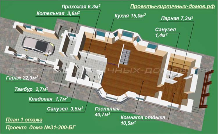 План 1 этажа узкого дома с гаражом и баней
